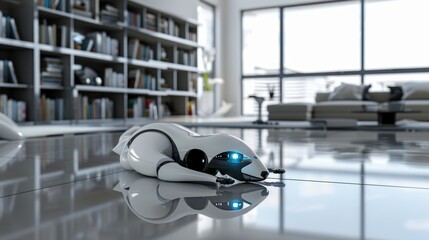 Futuristic Robotic Pet Exploring Modern Living Room
