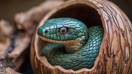 Fototapeta premium Green serpent emerging from a beautifully carved wooden box.