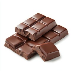 Obraz premium Close-up of a broken chocolate bar with pieces on a white background.