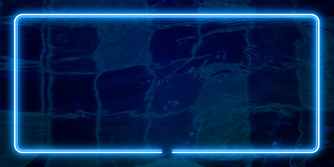 Dark water pool and wave. blue neon light and rectangle frame with horizontal banner.