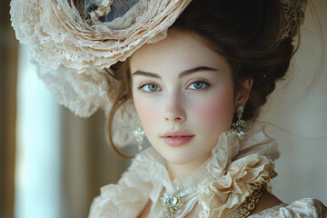 A stunning woman dressed in the fashion of the 1700s French royal court, exuding elegance and opulence. Suitable for historical events, fashion, and vintage themes.