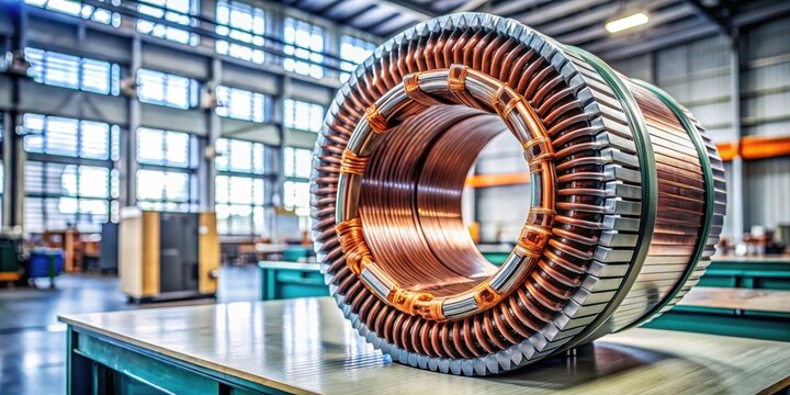 Electric motor stator and winding coil on metal workshop table, electric motor, stator, winding coil