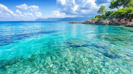 Fototapeta premium Crystal clear sea water bay. Pristine ocean lagoon sunny cloudy sky, idyllic relaxing seascape.