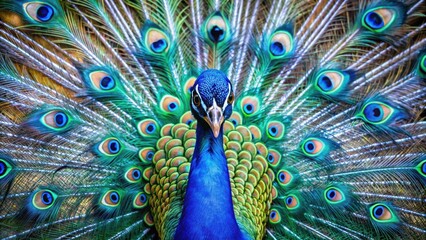 Fototapeta premium Beautiful blue peacock with spread wings, peacock, bird, feathers, colorful, vibrant, exotic, wildlife, nature, majestic
