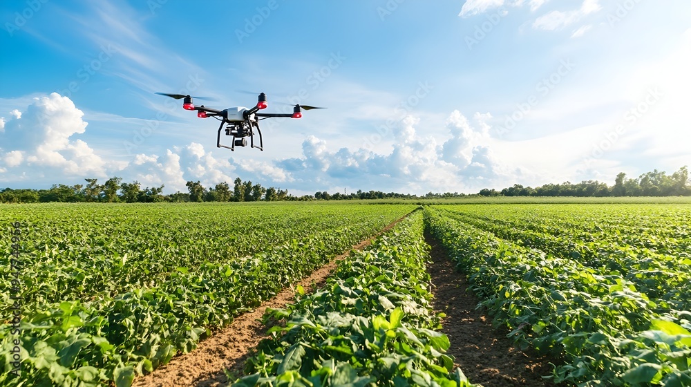 Poster aerial view of a smart farm with automated drone monitoring systems capturing valuable data from the