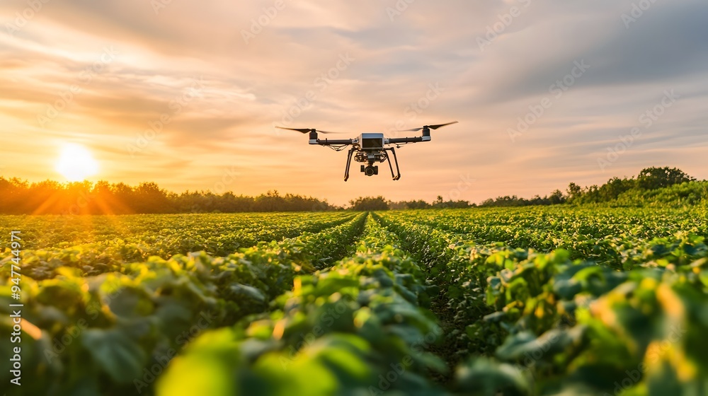 Poster photograph of a modern smart farm with automated drone monitoring systems capturing real time data f