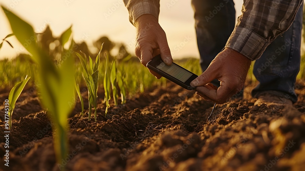 Poster farmer utilizing a handheld iot device to check and analyze soil nutrient levels in a field