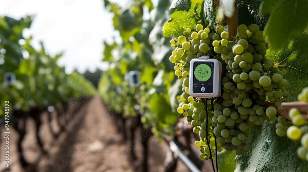 Poster iot sensors attached to grapevines in a vineyard providing real time growth data soil conditions