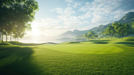 Obraz premium The beautiful golf course with morning sunshine.