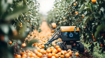 An IoT enabled robotic harvester efficiently picking fruits in a lush orchard showcasing the of advanced technology and agriculture for sustainable and precise crop management