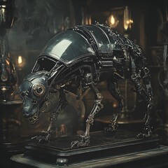 Fototapeta premium Eerie Steampunk Mechanical Animal Specimen Ghastly Hybrid Creature with Dark Fantasy Elements