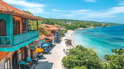 A colorful coastal town with lively streets, local vendors, and a bright blue sea