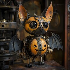 Enchanted Steampunk Halloween Bestiary Imaginative Animal Automata with Pumpkin and Bat Motifs