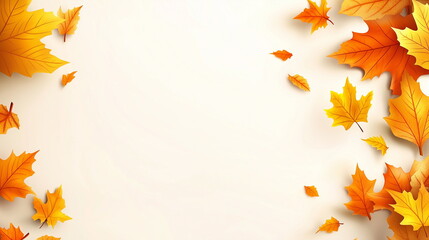 Autumn concept maple leaves, fallen leaves frame illustration. Autumn pattern decoration watercolor background design. Red and yellow maple leaves on a cream background. Copy space.