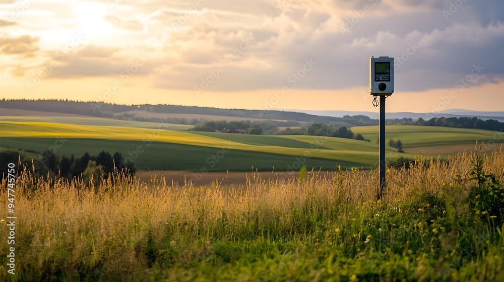 Poster a weather monitoring station equipped with iot sensors stands amidst a backdrop of rolling fields
