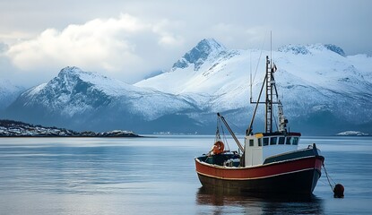 Fishing boat in the sea with snowy mountains in the background, Norway.