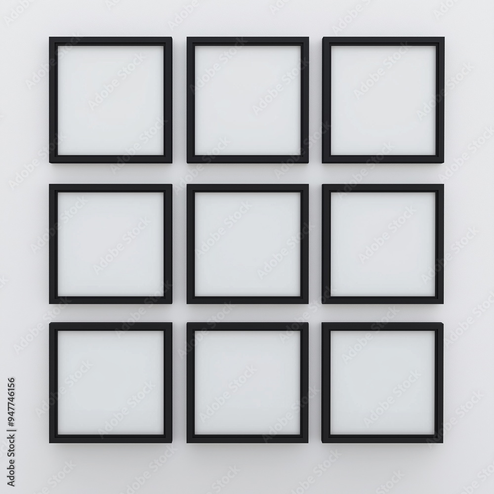 Wall mural nine black empty frames of the same size and design are hung at regular intervals on a white wall. a