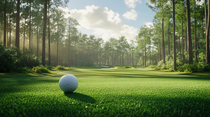 Fototapeta premium The golf ball is on a green lawn in a beautiful golf course with morning sunshine.