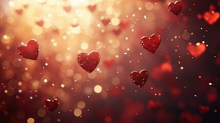 Obraz premium Heart-themed Valentine's Day background with romantic red tones and a scattering of hearts, perfect for love-filled designs.