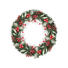 Watercolor Illustration Christmas Wreath with Ornaments