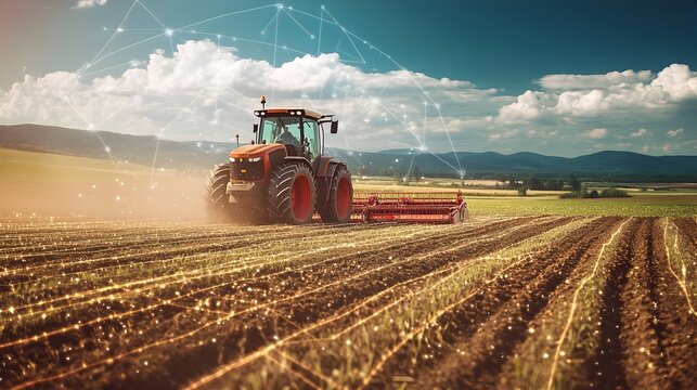 Photograph showcasing an advanced smart farm with IoT enabled agricultural machinery efficiently plowing the fields leveraging technology for precision cultivation and sustainable crop production