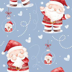 Watercolor Illustration Santa Claus Seamless Pattern