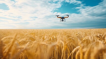 An IoT connected drone flying over a wheat field capturing data and imagery to analyze crop health and optimize agricultural productivity through advanced precision farming techniques