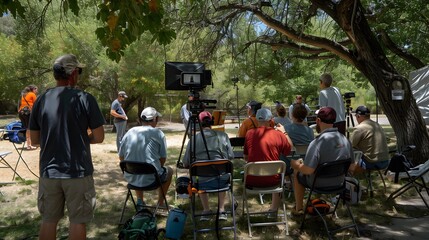 Film Crew Gathering Under Tree for a Shoot