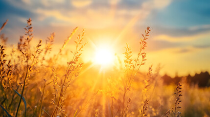 Fototapeta premium Glowing Golden Sunset Over Lush Meadow Landscape with Vibrant Plants and Sky