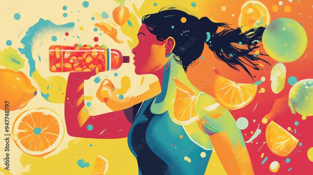 Fototapete Infographic on the impact of nutrition and hydration, with dynamic visuals illustrating their importance for performance enhancement and recovery optimization.