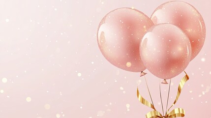 Luxury birthday card featuring 3D balloons with a shiny gold ribbon, set against a soft pink background. Vector illustration perfect for premium celebrations.