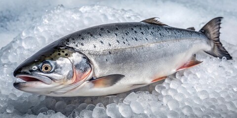 Fototapeta premium Close-up photo of freshly caught wild Alaska salmon on ice, salmon, Alaska, wild, seafood, fish, gourmet, fresh, caught, ice