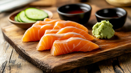 Rustic Charm Salmon sashimi slices served on a wooden board, accompanied by small rustic bowls of soy sauce, wasabi, and pickled ginger, with a backdrop
