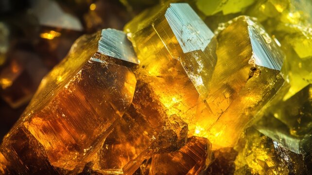 Close-up of sphene crystal, showcasing its rich yellow tones and intricate geometric facets.
