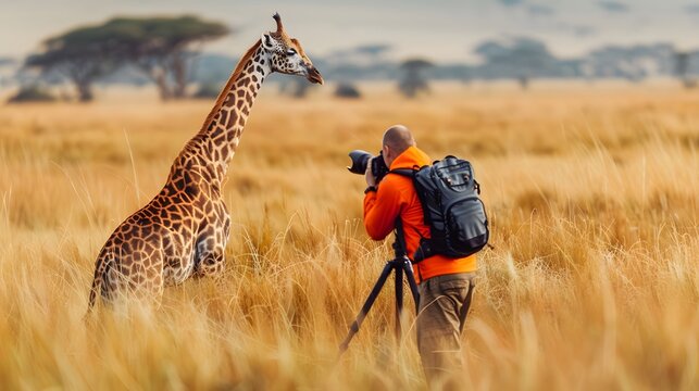 Fototapeta A photographer on a safari capturing images of wild animals in their natural environment