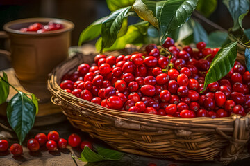 Frisch geerntete ungesch&auml;lte Kaffeebohnen, Kaffeepflanze (Coffea), Generative AI