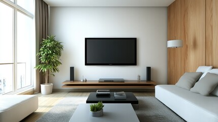 Modern and minimalist living room, with a wall-mounted TV, streamlined furniture, and a focus on simplicity and functional design.