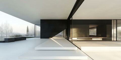 Fototapeta premium Modern minimalist interior with white floors and walls.