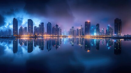 Obraz premium Marina Evening Glow: Captivating long exposure shot of Dubai Marina at night, highlighting the stunning reflections of city lights on the water.