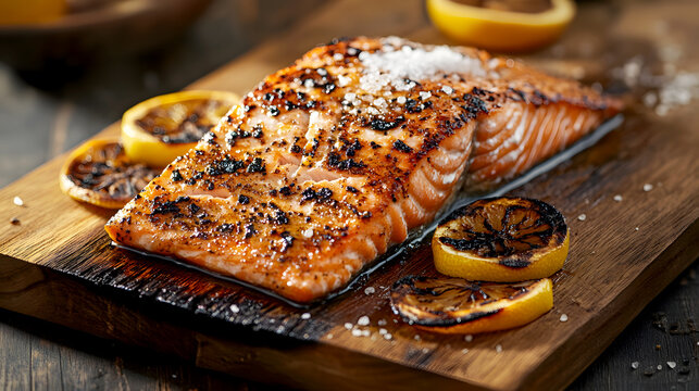 Rustic Flavor A whole salt-grilled salmon served on a wooden board, with charred lemon slices and a sprinkle of coarse sea salt, set against a rustic kitchen backdrop