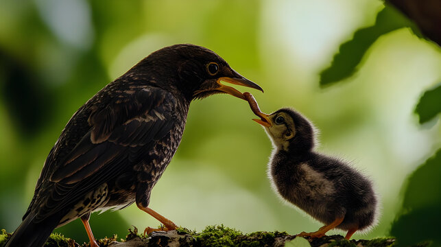 Black Starling Feeding Baby Chick in Lush Green Foliage