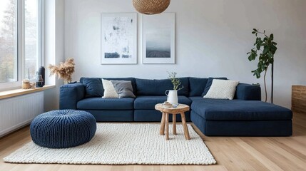 Scandinavian living room design, featuring two knitted poufs next to a dark blue corner sofa, with light wood floors and minimal decor.