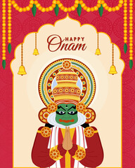 Happy Onam kathakali dancer in traditional costume kerala festival garland decoration