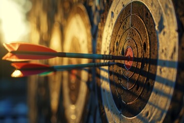 Arrows striking the target in the golden light of dusk. This image captures precision and focus in archery, showcasing the beauty of the sport. Generative AI