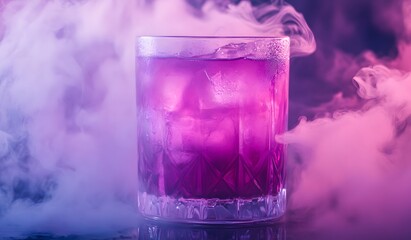 A purple cocktail in a glass with smoke on a dark background, a Halloween concept.