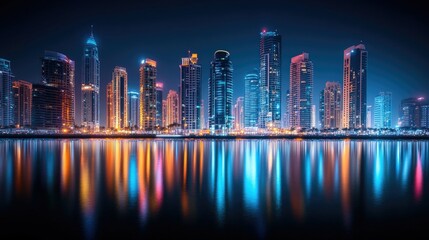 Fototapeta premium Marina Nightscape Reflections: Long exposure night view of Dubai Marina, showcasing the luminous reflections of the skyline on the tranquil water.