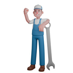 3D Automotive Expert.  A cheerful mechanic in a blue uniform, holding a large wrench and raising his hand enthusiastically. Cartoon Male Mechanic