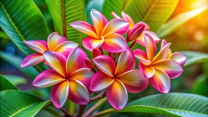 Naklejka premium Close-up of vibrant plumeria flower blossoms in a tropical garden, summer, tropical, flowers, plumeria, Thailand, vibrant