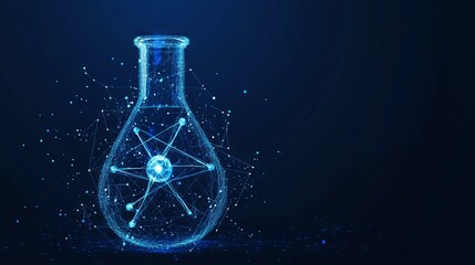 Chemistry science concept. Abstract test tube and atom model in light blue low poly futuristic technology style. Digital laboratory flask. Glowing polygonal 3D vector illustration. Innovation research