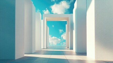 Minimalist geometric corridor with a clean, open design, framing a serene blue sky with delicate clouds and warm sunlight, creating a peaceful ambiance.